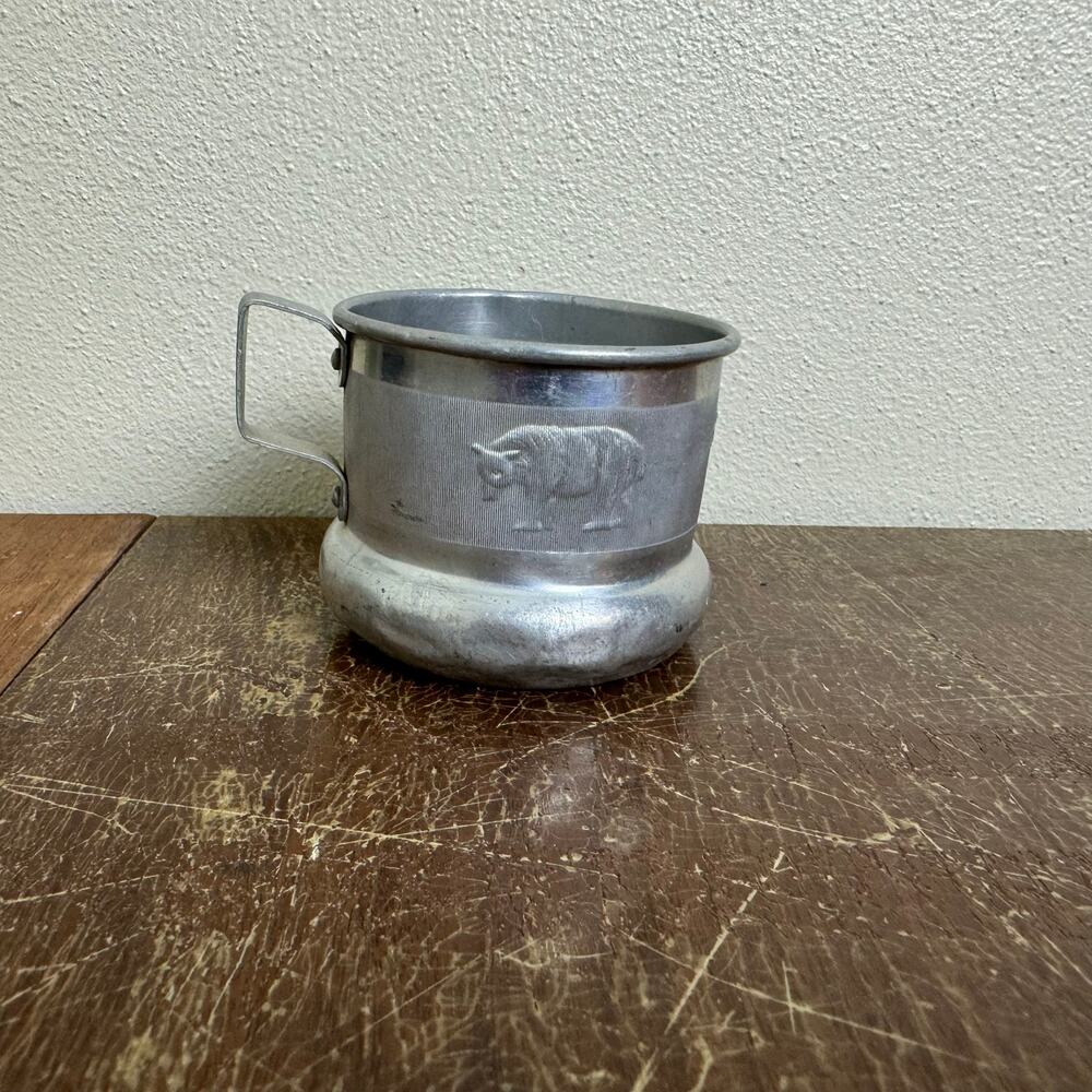 Vintage Aluminum Silver Children's Cup with Wild Animals Bear Lion Elephant